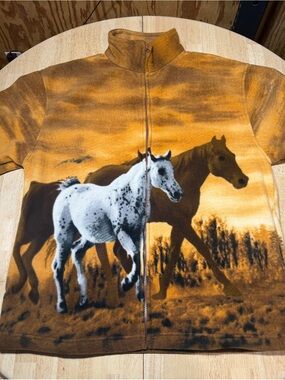 Vintage 90s Trail Crest Nature Horse Print Full Zip Mens Large Fleece Jacket